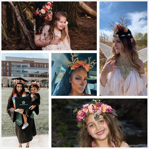 Women Costume Floral Deer Antlers Crown Headband Reindeer Hair Accessory main image 7